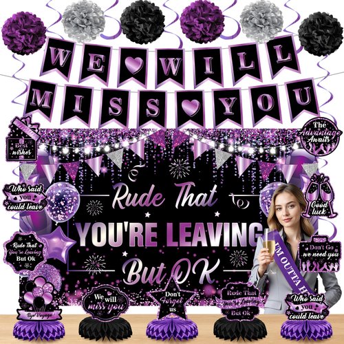 Purple Black Farewell Party Decorations We Will Miss You Rude That You're Leaving But Ok Banner Honeycomb Centerpiece Hanging Swirls for Coworker Employee Leaving Goodbye Going Away Party Supplies
