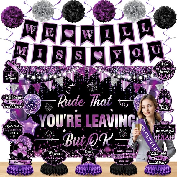 Purple Black Farewell Party Decorations We Will Miss You Rude That You're Leaving But Ok Banner Honeycomb Centerpiece Hanging Swirls for Coworker Employee Leaving Goodbye Going Away Party Supplies