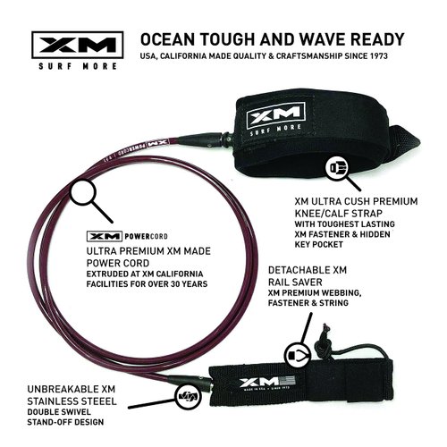 XM SURF MORE Knee/Calf Surfboard Leash 8ft., Regular Cord Thickness (.270 in.), Choose Length and Color, Key Pocket, Unbreakable Swivels, Detachable Railsaver, Made in USA