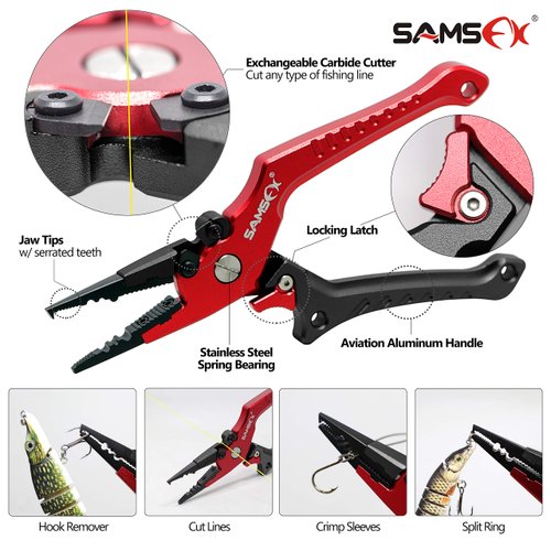 SAMSFX Aluminum Fishing Pliers Hook Remover Braid Line Cutter with Coiled Lanyard and Sheath, Fly Fishing Knot Tying Tool & Retractors (Gray & Red Handle-7'' Split Ring Nose, Fishing Knot Tying Tool)