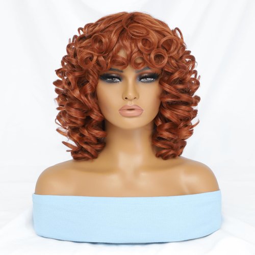 Short Big Curly Wigs with Bangs for Black Women Ginger Afro Loose Curly Wigs for Black Women Synthetic Heat Resistant Fluffy Wigs Full Machine Made Wig for Black Women 250g (14 Inch, 350)