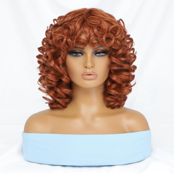 Short Big Curly Wigs with Bangs for Black Women Ginger Afro Loose Curly Wigs for Black Women Synthetic Heat Resistant Fluffy Wigs Full Machine Made Wig for Black Women 250g (14 Inch, 350)