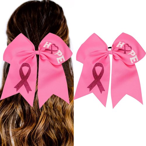 7 Inch Breast Cancer Awareness Cheer Hair Bow Ties with Elastic Pink Ribbon Cheer Hair Bows Hair Tie Ponytail Holder Hair Accessories for Teens Kids for Party Fundraising Event(Style B)