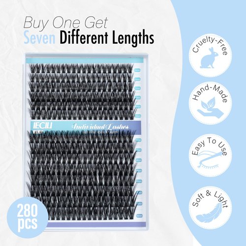 IECILI Lash Clusters Individual Lashes - 280pcs 60D Cluster lashes for DIY Lash Extensions -Super Thin & Soft Eyelashes 10-16mm C Curl Cluster Eyelash Extensions for Natural Wispy Look