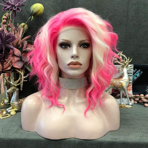 IMSTYLE Pink Blonde Lace Front Wigs Short Bob Wavy Wigs Synthetic Hair Wig Free Part with Natural Hairline Shoulder Length for Women (Blonde Pink)