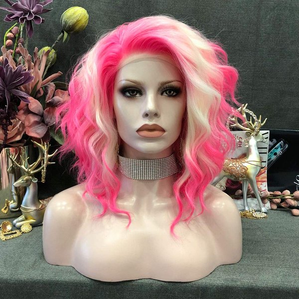 IMSTYLE Pink Blonde Lace Front Wigs Short Bob Wavy Wigs Synthetic Hair Wig Free Part with Natural Hairline Shoulder Length for Women (Blonde Pink)