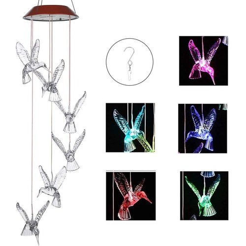 IMAGE Wind Chimes Solar Hummingbird Wind Chime Color Changing Lights Outdoor Solar Lights Hanging Decorative Garden Lights for Decor Home Garden Patio Yard Indoor Outdoor