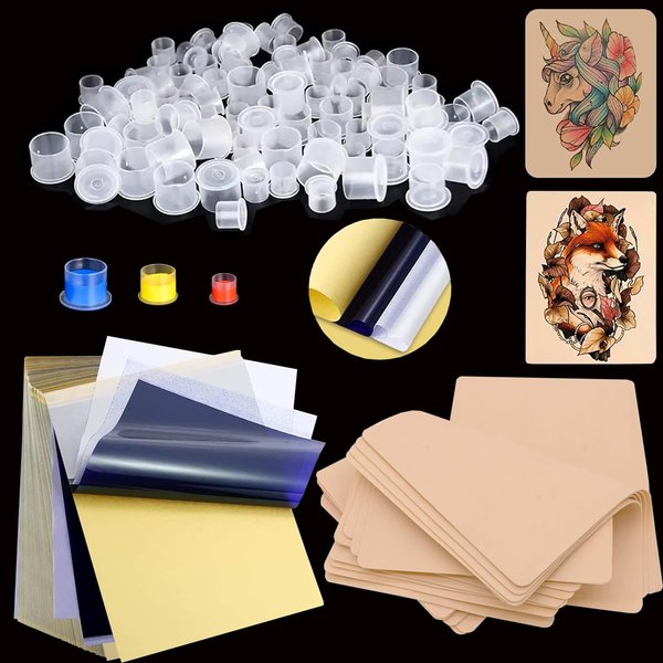 Tattoo Practice Skins with Transfer Paper Mix Ink Caps - Silmy 330 Tattoo Fake Skin with Stencil Paper Ink Cups Include Mix 300Pigment Caps 20Tracing Paper 10Tattoo Skin (10Skin+20Paper+300Base Cups)