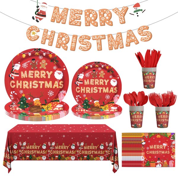Cecnamt Christmas Dinnerware Set, 118 Pcs Christmas Party Supplies, Christmas Party Decorations Including Banner, Plates, Cups, Napkins, Cutlery and Tablecloths, Serves 16