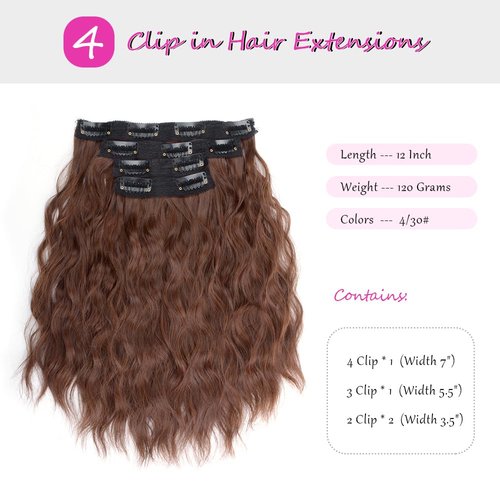 KGBFASS Highlights Hair Extensions 4Pcs Clip in Hair Extensions 12 Inch Wavy Black Brown Thick Hairpieces Fiber Hair for Women - 120g, Black Brown