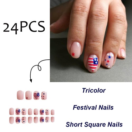 24Pcs 4th of July Press on Nails Short Independence Day Fake Nails American Flag Stars Full Cover Glue on Nails Patriotic False Nails Acrylic Nails Heart Stick on Nails for Women Manicure Decorations