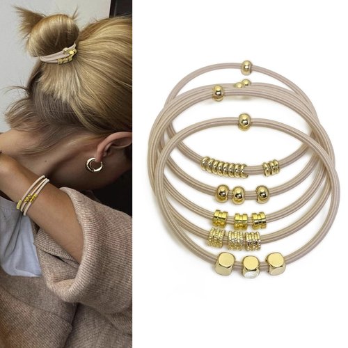Blonde Boho Hair Ties Bracelet for Women, Cute Ponytail Holders Hair Accessories for Girl Elastic Hair Tie Bracelets for Thick Thin Curly Hair Trendy Hair Bands with Gold Bead Jewelry for Gift(Beige)