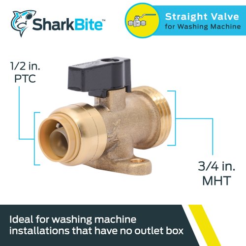 SharkBite 1/2 Inch x 3/4 Inch MHT Washing Machine Straight Valve, Push to Connect Brass Plumbing Fitting, PEX Pipe, Copper, CPVC, PE-RT, HDPE, 25559LF