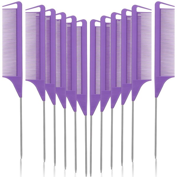 Patelai 12 Pcs Parting Comb for Braids Bulk, Rat Tail Comb for Parting Stainless Steel Pintail Comb Teasing Combs Braiding Comb Pressing Comb for Hair Styling Hairdressing Hair Salon Home(Purple)