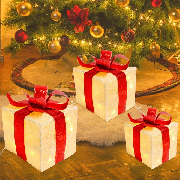Christmas Lighted Gift Boxes, Set of 3 Lighted Present Boxes with 60 LEDs for Christmas Decorations,Festive Holiday Decorations for Indoor and Outdoor Use (Gold)