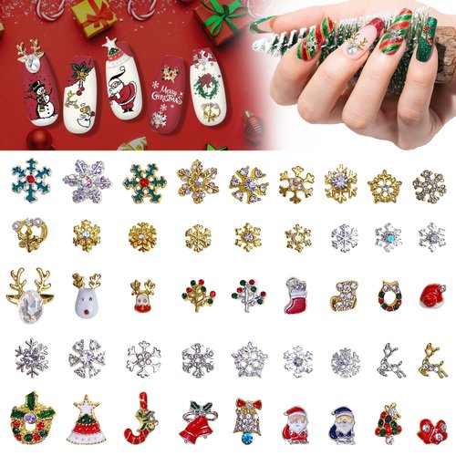 45Pcs Christmas Nail Art Rhinestones Charms, Gorvalin 3D Snowflake Reindeer Bell Santa Christmas Nail Rhinestones Gems Design for Christmas Holiday DIY Nail Craft Decorations