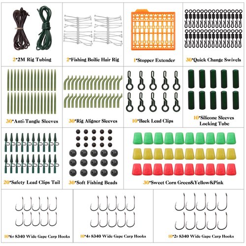 Carp Fishing Tackle Kit – 225pcs Carp Fishing Hair Rig Boilie Stops Carp Hooks Swivels Tube Sleeves Clips Carp Bait Rig Fishing Equipment