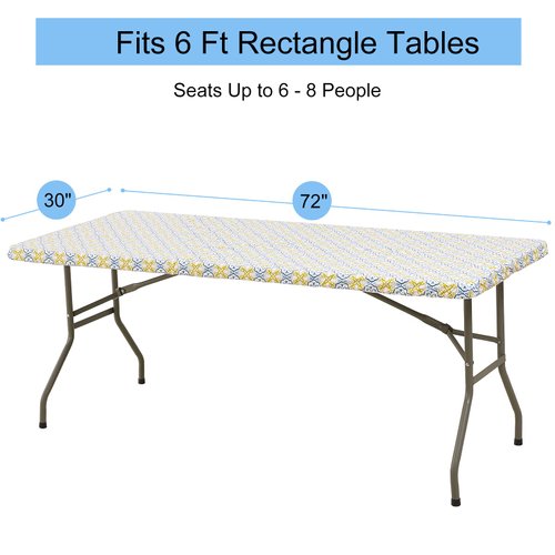 2 Pack Elastic Vinyl Fitted Tablecloth for 6 Ft Folding Table, 30" x 72" Rectangle Flannel Backing Table Cover, Waterproof Wipeable Table Cloth for Indoor Outdoor Picnic Parties, Yellow Blue Pattern
