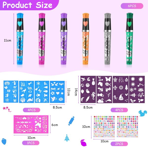 AOMIG Temporary Tattoo Pen, 6 Glitter Tattoo Pen Kit with 9 Stencils and 2 Rhinestone Stickers, Shimmery Body Tattoo Markers for Kids Birthday Party Dress Up