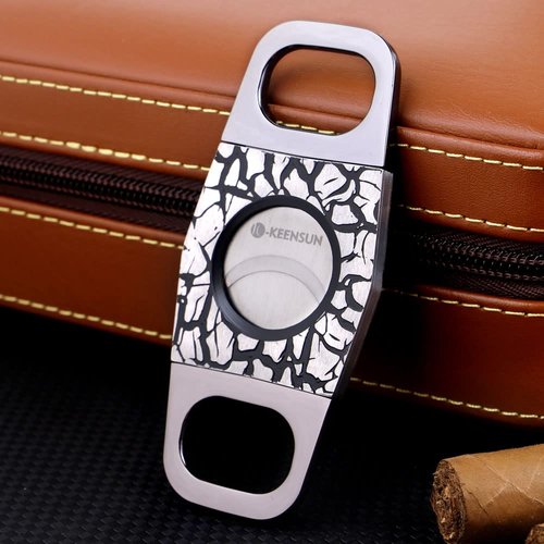 KEENSUN - Zinc Alloy Cigar Cutter Guillotine Stainless Steel Double Blade, Portable Cigar Cutter Tool with Crack Texture Shell (Black) and Gift Box