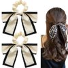 2 Pcs Black White Hair Scarf with Ribbon Bow for Women Girls, Bow Scrunchies for Hair, Ribbon Hair Ties with Bow, Chiffon Hair Ribbon Short Hair Bands Ties Ponytail Holder (White)
