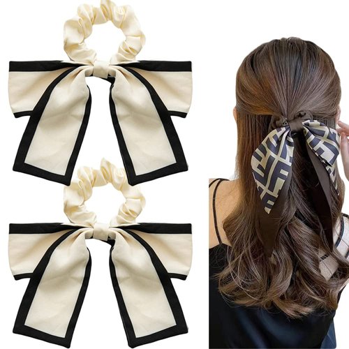 2 Pcs Black White Hair Scarf with Ribbon Bow for Women Girls, Bow Scrunchies for Hair, Ribbon Hair Ties with Bow, Chiffon Hair Ribbon Short Hair Bands Ties Ponytail Holder (White)