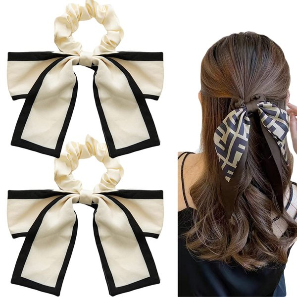 2 Pcs Black White Hair Scarf with Ribbon Bow for Women Girls, Bow Scrunchies for Hair, Ribbon Hair Ties with Bow, Chiffon Hair Ribbon Short Hair Bands Ties Ponytail Holder (White)