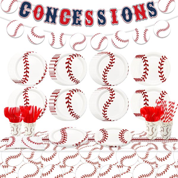 Baseball Party Decorations - 163Pcs Baseball Themed Party Decorations Includes Baseball Plates, Napkins, Tablecloth, Cups, Concessions Banner for Sports Baseball Party Baseball Birthday Party Supplies