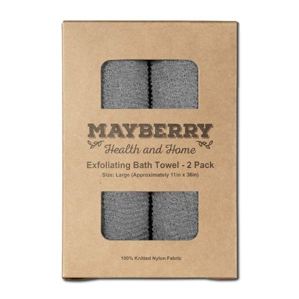 Mayberry Health and Home Extra Long (36 Inches) Exfoliating Bath Cloth (2 Pack) Gray Nylon Bath Towel, Stitching on All Sides for Added Durability