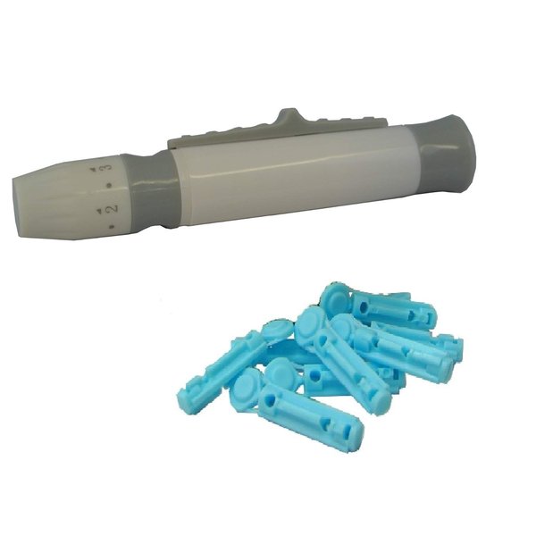One Step Lancing Device & 100 x 28 Gauge Twist Top Lancets, Blood Sampling Pen, 5 Depth Settings, Diabetic Sugar Level Testing, Less Pain and Ejector