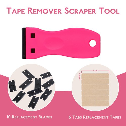 WENNALIFE Tape Remover Scraper Tool Plastic Razor Blade Scraper with 10 Replacement Blades & 6 Tape Tabs Hot Pink Plastic Scraper Tool Non Scratch Tape in Extensions tool Adhesive Remover for Cleaning