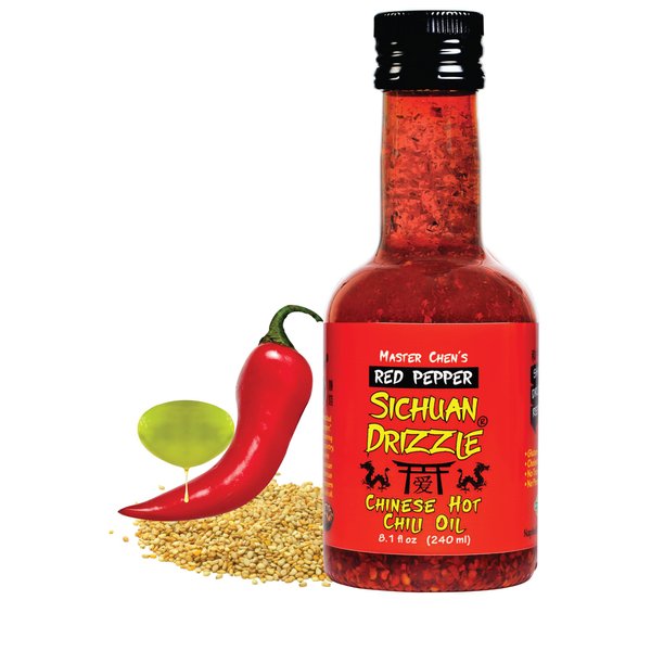 Sichuan Drizzle Chinese Chili Oil -- Condiment & Ingredient, Premium EVOO with Hot Chili Flakes, Rice & Noodles' Condiment, Vegan, Gluten-Free & Paleo