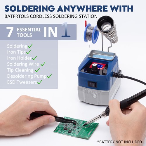 Batfrtols 60W Digital Display Cordless Soldering Iron Station Powered by ma kita 18V Battery, 6 Extra Iron Tips, Solder Sucker, Tip Cleaner, Tweezers, °C/ºF Conversion, Auto Sleep&Calibration Support