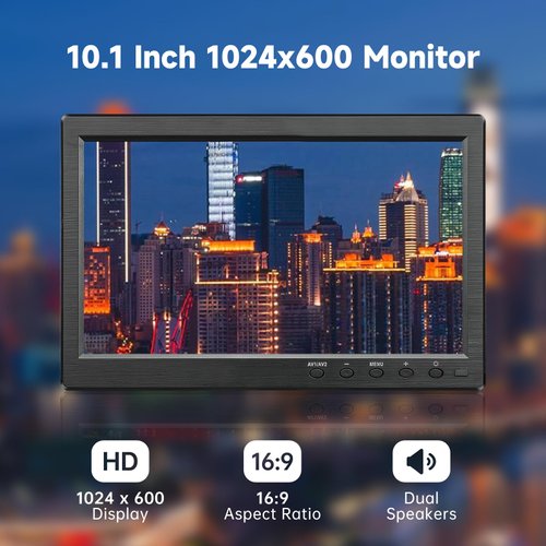 JINSWY 10.1" Security Monitor, 1024x600 HD Display, HDMI VGA BNC AV USB Ports, Built-in Speakers & Remote Control, for CCTV Surveillance, DVR, PC, Raspberry Pi