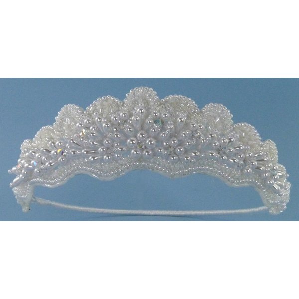 Elegant Pearly Bridal Crown Adorned with Bugle Beads and Accented with A.B. (Iridescent) Crystal Beads for Wedding, Prom, Quinceañera or Other Special Events #88DD (WHITE)