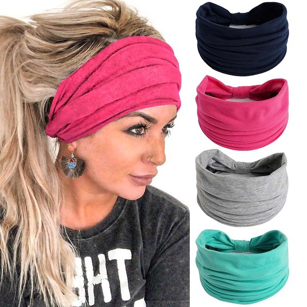 Gangel Solid Color Headbands Wide Turban Head Wraps Knotted Hair Scarfs Running Yoga Fabric Hair Accessories for Women and Girls(Pack of 4) (C)