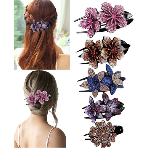 5 Pcs Double Flower Rhinestone Hair Clips fancy decorative hair clip hair accessories for women crystal hair barrettes hair decorations women thick hair(Chinese style)