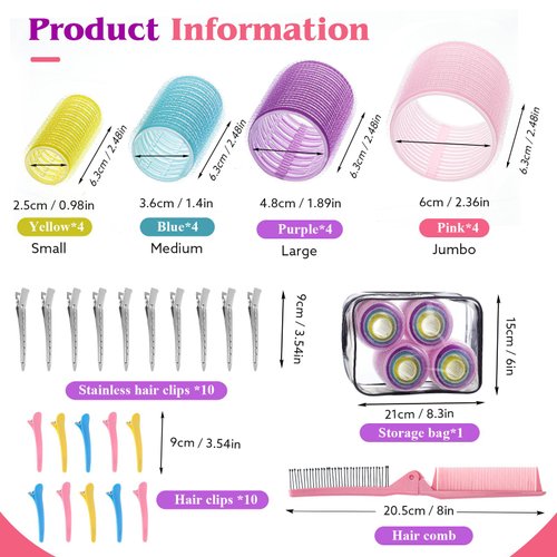 4 Sizes Rollers Hair Curlers, 38 Pcs Set Jumbo Hair Rollers 25mm 36mm 48mm 60mm Self Grip Hair Rollers with Clips, Curlers for Long Hair Short Hair Hair Bangs, 4 Colors