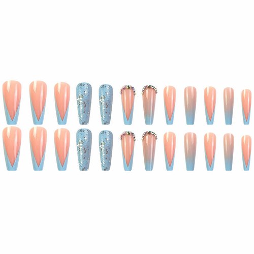 MISUD Long Coffin Press on Nails Ballerina Fake Nails Glossy Glue on Nails Blue French Tip Acrylic Nails Bling Glitter Artificial Nails 3D Rhinestone Stick on False Nails with Gradient Design 24 pcs