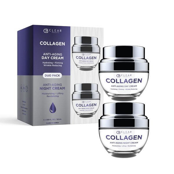 Clair Beauty Collagen Day/Night Moisturizer - Moisturizing, Reduce Wrinkles & Fine Lines, Hydrating Day Cream - Anti-Aging - Korean Skin Care For All Skin Types - Duo Set Value Pack
