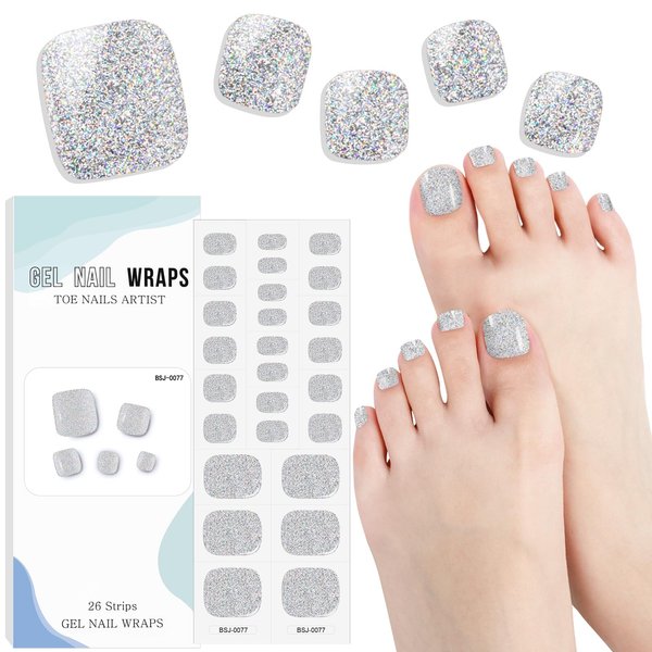 EBANKU Gel Toe Nail Stickers Cured Gel Nail Strips for Toes Gel Toenail Strips Nail Art Wraps Long-Lasting Toe Gel Nail Polish Wraps Gel Nail Art Stickers for Toes UV/LED Lamp Required (Silver)