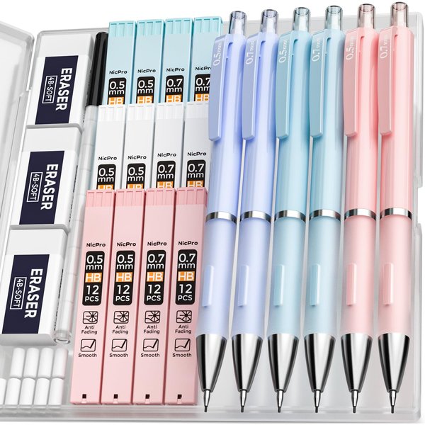 Nicpro 6PCS Pastel Mechanical Pencil 0.5 & 0.7 mm for School, with 12 tubes HB Lead Refills, 3 Erasers, 9 Eraser Refills For Student Writing,Drawing,Sketching, Blue & Pink & Violet Colors - With Case