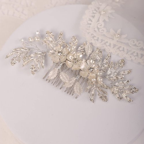 Missgrace Bride Wedding Crystal Pearl Leaf Hair Comb Silver Gold Bridal Hair Pieces Rhinestone Bridal Hair Clip Flower Hair Side Combs Wedding Hair Accessories for Brides Women (Silver)