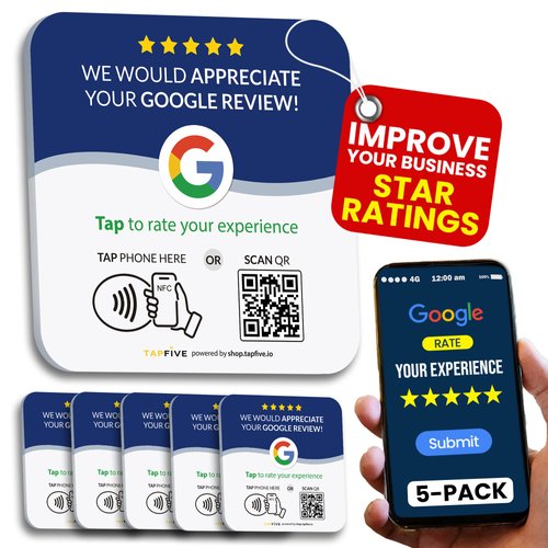 Tap Google Review Plate (5-Pack) by TapFive - Tap for Instant Reviews - All Phones Compatible - Reusable Smart Tap NFC & QR - 4"x 4" - DigiFeel & Zappy Fast - Mount Anywhere 3M Adhesive (5 Plates)