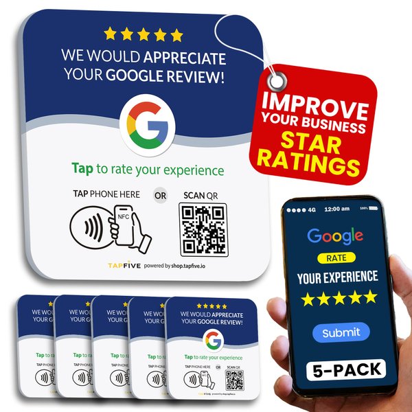 Tap Google Review Plate (5-Pack) by TapFive - Tap for Instant Reviews - All Phones Compatible - Reusable Smart Tap NFC & QR - 4"x 4" - DigiFeel & Zappy Fast - Mount Anywhere 3M Adhesive (5 Plates)
