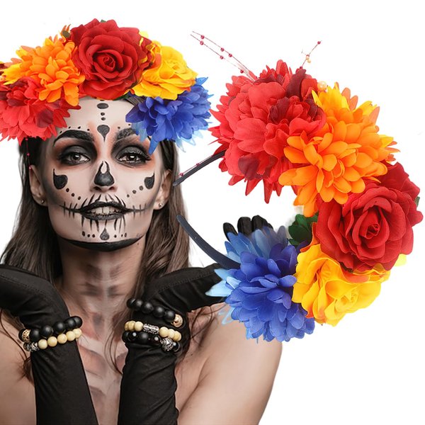 BASEMMAHER Rose Flower Crown Headband Day of the Dead Halloween Frida Mexican Rainbow Floral Crown Garland Headwear Hair Wreath Hair Accessories for Women Halloween Party Costume Headpiece