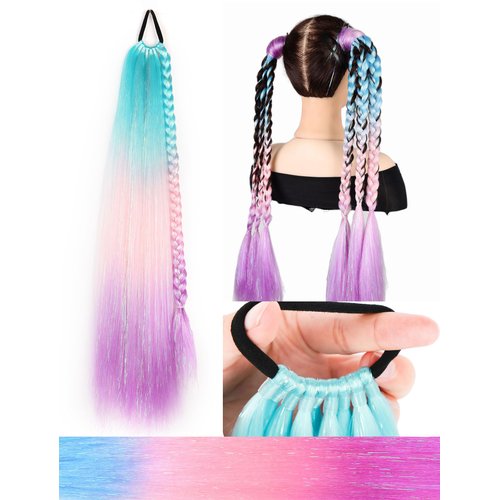 Ponytail Extension With Hair Tie 26 inch Colored Hair Extensions for Braiding Colorful Ombre Pony Tail Hair Extensions for Braids Rainbow Festival Rave Crazy Hair Day 1 Pack Blue Pink Purple