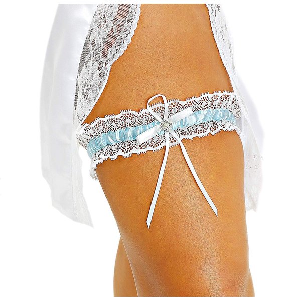 LR Bridal Blue with white Lace trim Wedding Bridal Garter with Rhinestone Satin Bow for Brides