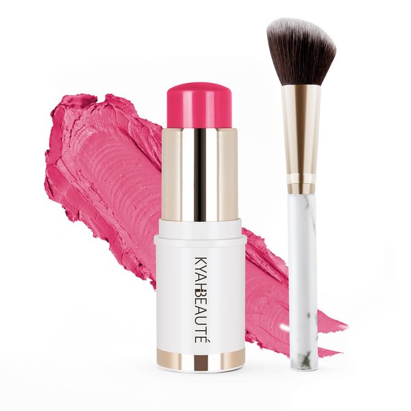 MYMERRY Blush Stick, Cream Blush for Cheeks and Lip Tint, Dewy Finish, Buildable & Blendable Color, Lightweight & Long-Lasting Formula | Forelsket-Cool Pink & Angled Blush Brush（0.53fl.oz）
