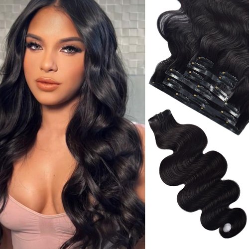 Seamless Clip in Hair Extensions Real Human Hair Clip ins Body Wave 120g 7pcs Ultra Thin Double Weft PU Clip in Hair Extensions 10A Brazilian Human Hair Extension for Women #1B Natural Black 22 Inch